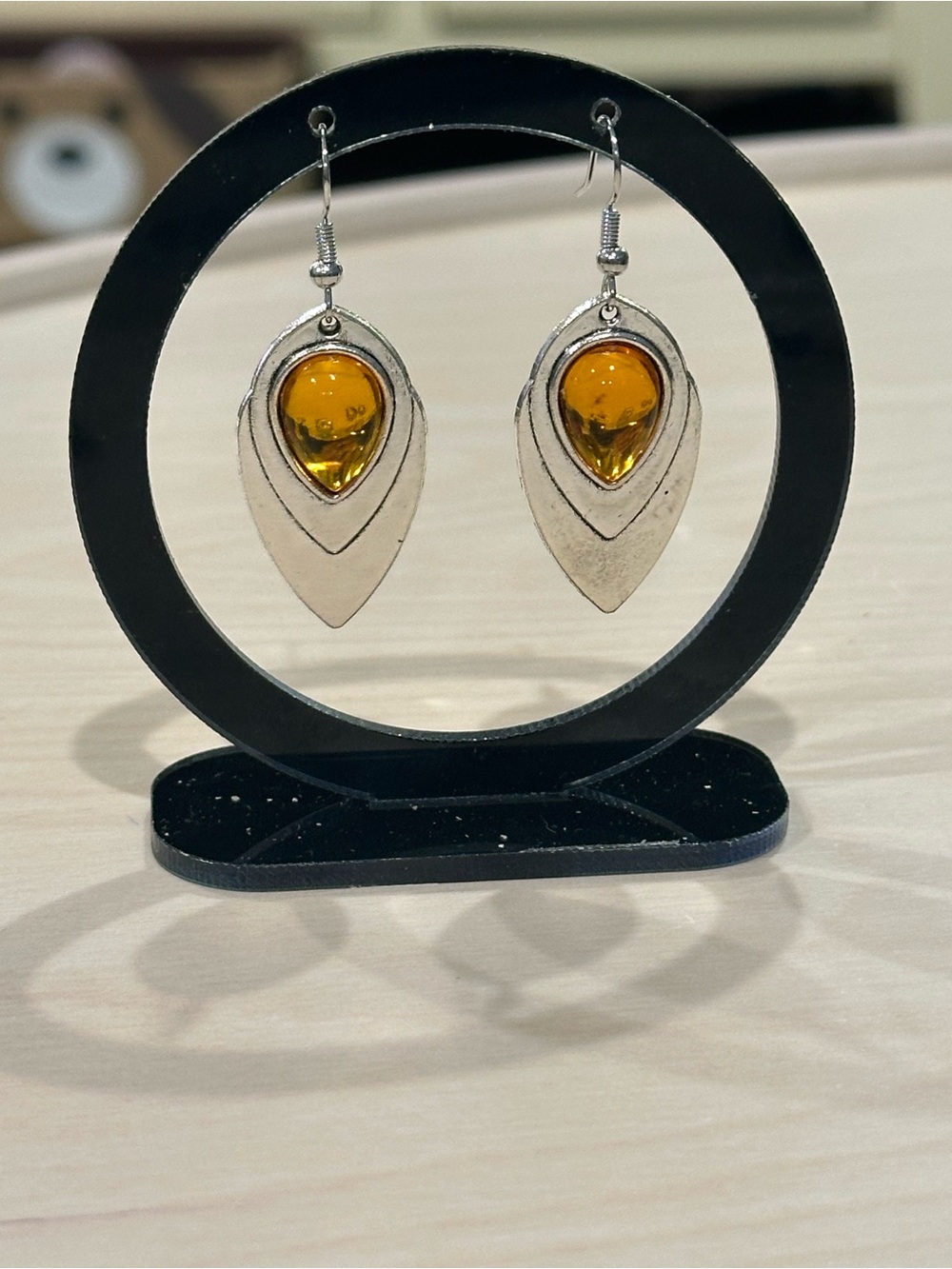 Amber Teardrop Dangle Earrings Silver-Tone